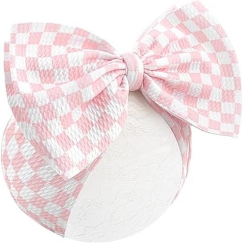 YanJie 7’’ Pink Checkered Bow for Baby Girl Racing Bows Plaid Headbands for Newborns Infants Toddlers Two Fast Birthday Girls Hair Accessories