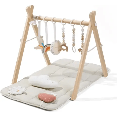 Foldable Wooden Baby Play Gym with Mat, 9 Sensory Toys, Natural Pine Wood