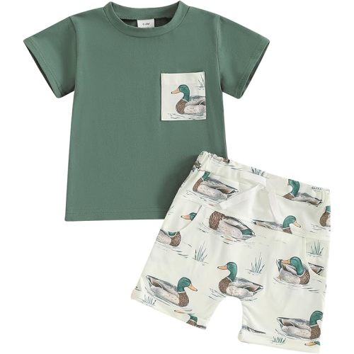 Toddler Baby Boy Summer Clothes Duck Print Short Sleeves T-Shirt Elastic Camouflage Shorts 2 Piece Outfit