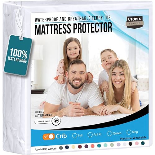 Utopia Bedding Waterproof Mattress Protector Crib Size, Premium Terry Mattress Cover 200 GSM, Breathable, Fitted Style with Stretchable Pockets (White)