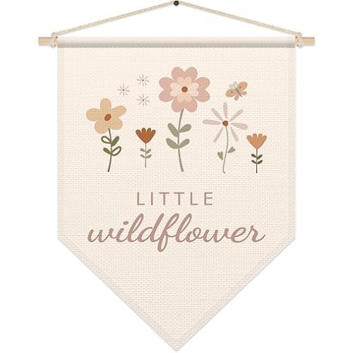 Wildflower Nursery Decor, Boho Poster Hanger Frame, Little Wildflower Hanging Pennant Flag Banner, Birthday Christmas for Baby Girl Kids, Girls Room Decor, Floral Canvas Wall Art for Bedroom Playroom