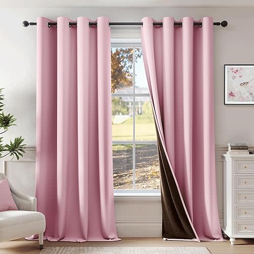 Beauoop Pink 100% Blackout Curtains 96 Inch Long 2 Panels for Bedroom Living Room Solid Room Darkening Thermal Insulated Soundproof Energy Saving Grommet Top Window Treatment Drapes, 52x96 2 Set