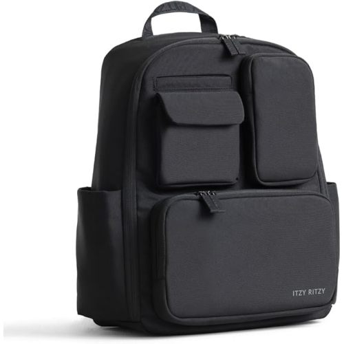 Itzy Ritzy Utility Diaper Bag Backpack – Features 17 Pockets (Including 2 Insulated Bottle Holders) & Trolley Sleeve and Includes Stroller Straps & Changing Pad – Part of the Belong Collection (Black)