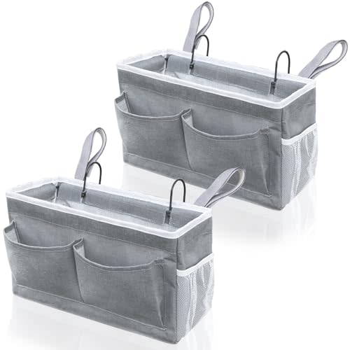 Kanrichu 2pcs Bedside Caddy, 14.6'' Large Storage Organizer, Hanging Bag Holder with Pockets for Bedroom, Loft Bed Tent, Top Bunk bed Shelf Accessories (Grey)