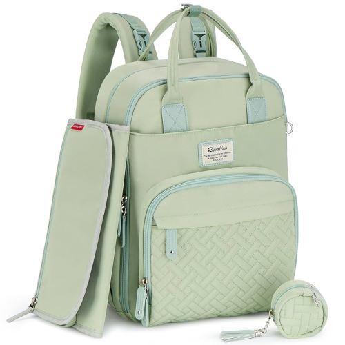 RUVALINO Diaper Bag Backpack, Multifunction Travel Pack Maternity Baby Changing Bags, Large Capacity, Waterproof, Light Green