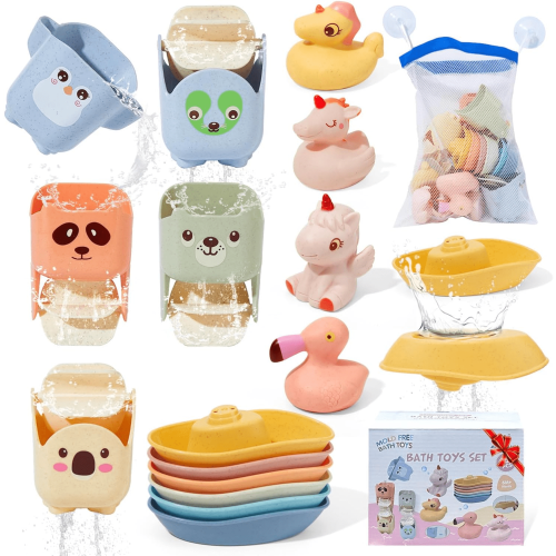 Toddler Bath Toys Set, 15PCS Mold Free No Hole Bathtub Toys for Babies, Floating Boats, Waterfall Cups, with Storage Bag for Kids 18+ Months