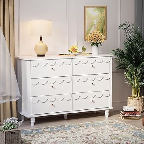 Anbuy White Scalloped Nursery Chests and Dresser for Kids Bedroom Wood 6 Drawer Dresser, Dressers & Chests of Drawers with Metal Handles for Bedroom, Nursery, Hallway