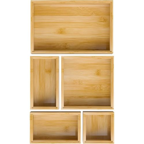 Bamboo Bathroom Drawer Organizer Dividers, Wooden Kitchen Utensil Holder Set of 5, Stackable Junk Drawer Organizer Tray, Multi-Use Storage Bins Boxs for Home, Office, Clothing, Makeup, Jewelry