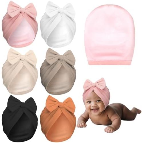 6 Pcs Newborn Satin Bonnet for 0-6 Months Silky Satin Lined Stretchy Baby Turban Hats with Bow for Infant Toddler