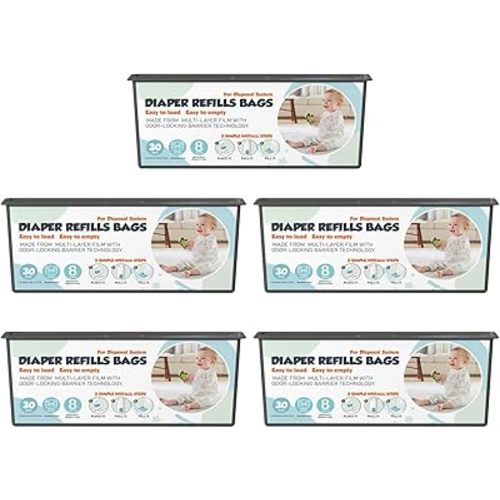Diaper Pail Refills Bags with 30 Bags Compatible with Genie Easy Roll Signature and Platinum Diaper Pails, 7-Layer Odor-Barrier Technology, 5 Pack (150 Bag)