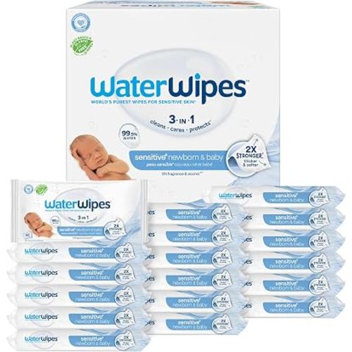 WaterWipes Sensitive+ Newborn & Baby Wipes, 3-In-1 Cleans, Cares, Protects, 99.9% Water, Unscented & Hypoallergenic, 1080 Count (18 Packs)