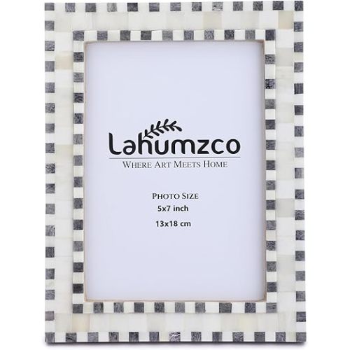 5x7 Checked Pattern Picture Frame Handmade Beading Art Vintage Table-Top/Wall Décor Boho Bone Photo Frames -Gray/White