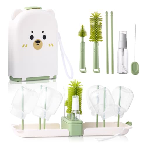Baby Bottle Cleaner Brush Set Bottle Cleaner Brush Set Portable Bottle Cleaning Kit Set Silicone Brush, Nipple Brush, Straw Brush, Dispense Detergent Dispenser, Drying Rack - 6 in 1