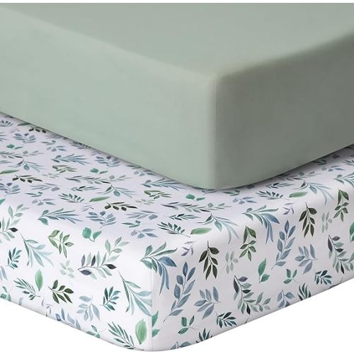Pack and Play Sheets Fitted, 2 Pack Pack n Play Sheets for Graco Pack n Play Mattress, Unisex Playard Sheets for Boys Girls(Leaf & Green, 38 X 26 Inch)