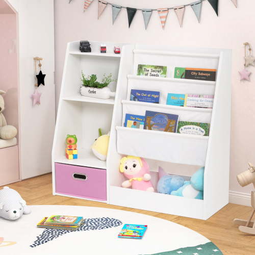 JOIVI Kids Bookshelf and Toy Organizer, 4 Tier Storage Rack, 3 Layer Sling Toddler Bookcase and 1 Toy Bin, Montessori Book Display Shelf with Toy Storage Organizer