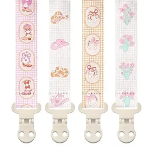 Stadela Baby Fabric Pacifier Clip Holder, Plastic Clip, 4‑Pack, Western Pattern, Jolene Set