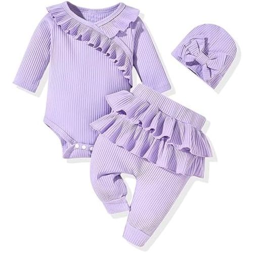 fioukiay Preemie Newborn Baby Girl Clothes Infant Girl Solid Ribbed Outfits Ruffle Romper and Pants 3PC Clothing Sets