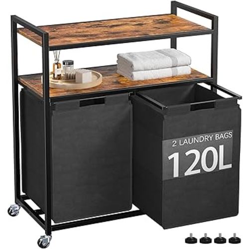 EnHomee Laundry Hamper, 120L Large Capacity, 2 Section Laundry Sorter, Rolling Basket with Wheels, Metal and Wood Frame