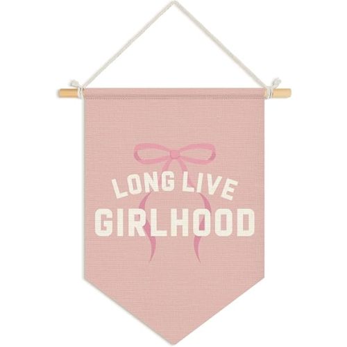 Wheatwin Girls Room Decor, Long Live Girlhood Wall Hanging Pennant Flag Banner, Coquette Pink Bow Preppy Wall Decor for Toddler Nursery Baby Girls Room Bedroom Dorm Apartment 15x11 Inch
