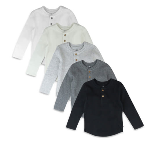 HonestBaby 5-Pack Waffle Henley Long Sleeve Shirts 100% Organic Cotton for Infant Baby and Toddler Boys, Unisex