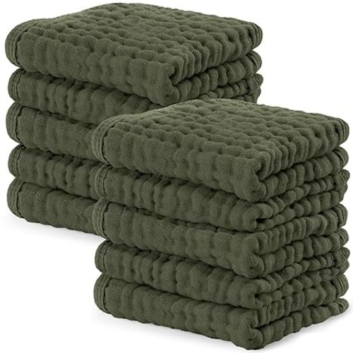 Comfy Cubs Muslin Baby Washcloths 10 Pack - Soft 6-Layer Cotton Wash Cloths for Sensitive Skin - 10"x10" Large, Gentle, Absorbent Infant Essentials for Newborn and Toddlers - Kelp