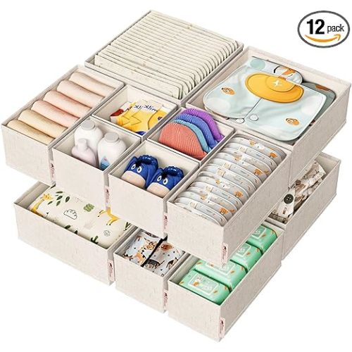 Cotton Linen Drawer Organizer for Baby Clothes, 12Pack Multi-Size Nursery Dresser Dividers for Clothes, Premium Foldable Storage Bins for Bedroom, Closet and Diaper Table, Beige