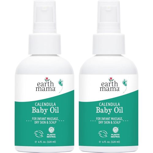 Earth Mama Calendula Baby Oil | Massage Oil for Newborn Skin Care, Dry Skin & Scalp Moisturizer, Fragrance Free, 4-Fluid Ounce (2-Pack)