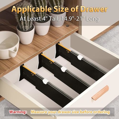 JONYJ Drawer Dividers Organizer 5 Pack, Adjustable Separators 4" High Expandable from 14.9-21" for Bedroom, Bathroom, Closet,Clothing, Office, Kitchen Storage, Strong Secure Hold, Foam Ends(Black)