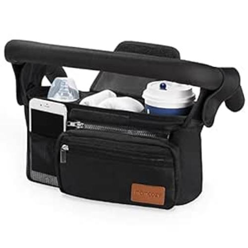 Momcozy Universal Stroller Organizer with Insulated Cup Holder Detachable Phone Bag & Shoulder Strap, Fits for Stroller like Uppababy, Baby Jogger, Britax, BOB, Umbrella and Pet Stroller - Black