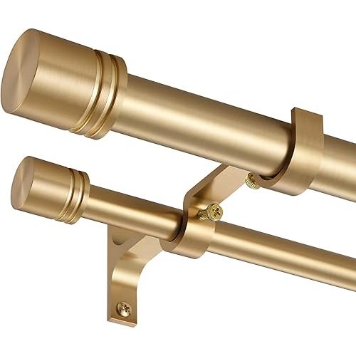 Double Curtain Rods 72-144 Inches for Windows, 1 Inch Diameter Adjustable Heavy Duty Drapery Rod with Aluminum Alloy Brackets and Finials, Modern Stylish Dual Curtains Rod, Brushed Gold