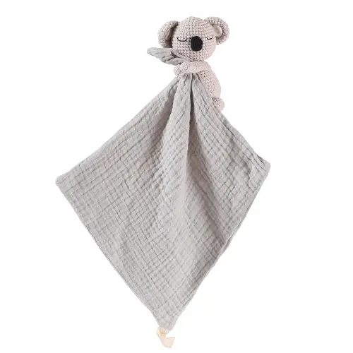 Hand Knit Koala Baby Blanket - Cute Educational Plush Doll and Baby Rattle, Soothing Toy.