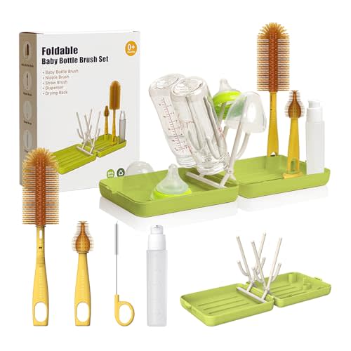 YOTIME Travel Bottle Brush, Travel Bottle Cleaner Kit with Foldable Bottle Drying Rack, for Visit Friends and Relations, Baby Travel Essentials, BPA Free, Green
