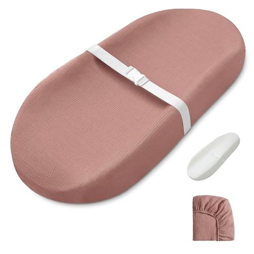 Blissful Diary Muslin Baby Changing Pad with Waterproof Lining Foam, Diaper Changing Table Pad with Cover for Dressers (Dusty Pink, Avocado)