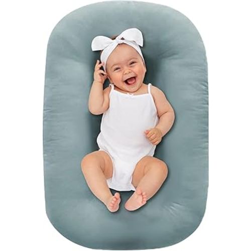 Lucakuins Baby Lounger 0-18 Months, Baby Lounger for Newborn, Soft Organic Cotton Breathable Lounger for Infants (Greyblue Baby Lounger)