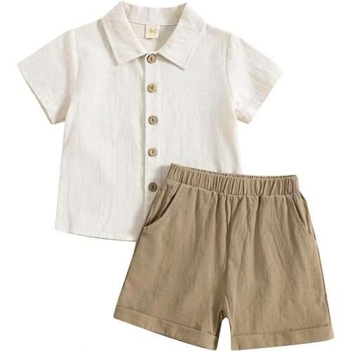 Toddler Baby Boy Linen Outfit Button Down Shirt Plain Shorts Cute Infant Newborn Photoshoot Clothes Summer 2Pcs Set - 6-12 Months - Beige Khaki