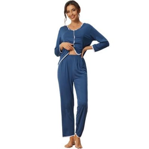 Cheibear Women's Long Sleeve Pullover Top With Pants Pajama Sets Blue Medium
