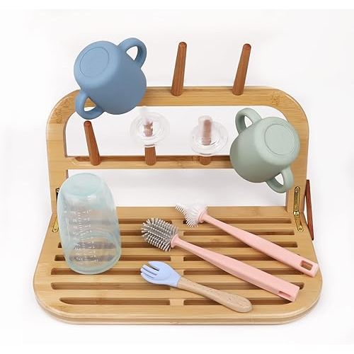 Bamboo Baby Bottle Drying Rack, Portable Wooden Drying Rack, Space Saving Kitchen Bottle Holder Organizer for Accessories, Bottles, Cups, Pacifiers, Travel Dish Racks (Bamboo)
