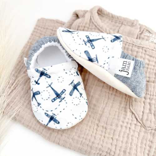 Blue Airplane Baby Booties: Fleece Lined Crib Shoes
