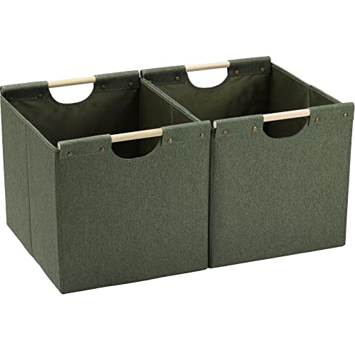 HOONEX Large Collapsible Storage Bins, Linen Fabric, Pack of 2, Storage Baskets with Wooden Carry Handles and Sturdy Heavy Cardboard, for Home, Office, Car, Nursery, Olive