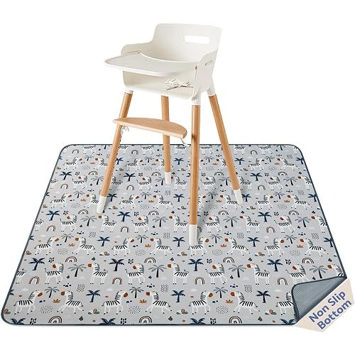 Blissful Diary Baby Splat Mat for Under High Chair, 50.4 x 50.4 Inch Wipeable Splash Mat, Waterproof and Washable, Anti-Slip Floor Protector, Gray Zebra
