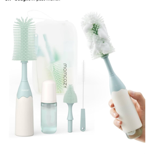 Momcozy Bottle Brush Kit, Innovative Push-Press Design for Better Cleaning - Baby Bottle Cleaner Brush for Baby Bottle, Breast Pumps, Nipples, and More - Can Generate Foam for Better Cleaning, Green