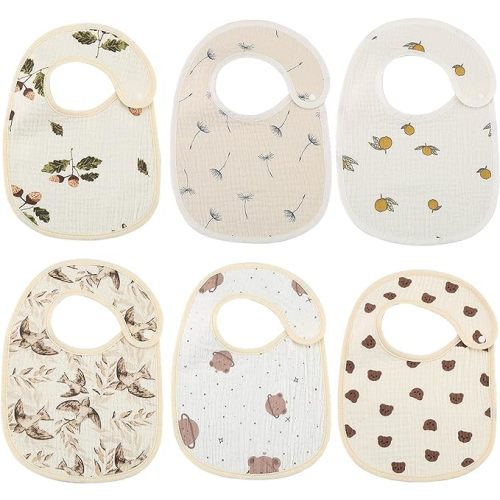 Organic Muslin Bibs, Baby Drool Bibs for Girls Boys, Soft Lap-shoulder Waterproof Snap Bibs for Teething - 6 Pack-bear