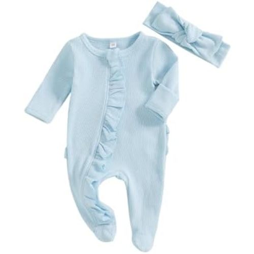 Newborn Baby Romper Infant Girl One-piece Outfit Waffle Ruffle Zip Footie Spring Summer Clothes With Bow Headband