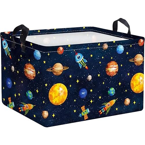 Clastyle Black Outer Space Planet Shelf Basket Cosmic Rocket Stars Toy Nursery Storage Bin Foldable Rectangle Clothes Books Storage Cube, 21 L