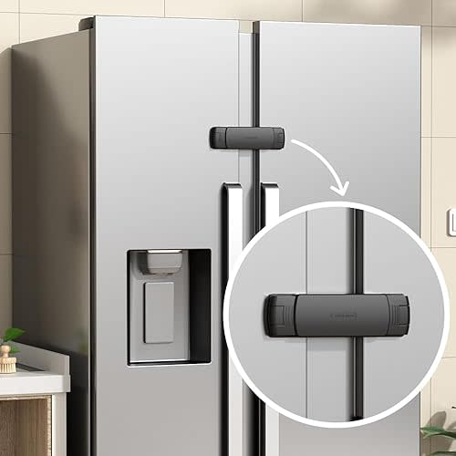 EUDEMON 1 Pack Latest French Fridge Lock French Door Refrigerator/Freezer Lock Apply to Max 3.54"(90mm) Two Door Gap Distance for Kids & Babies,Easy to Install no Tools Need or Drill (Black)