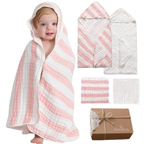 Muslin Hooded Baby Towel 4 Pack, 100% Organic Premium Cotton, (2) 6-Layer 32x32 Bath Towels & (2) Washcloths, Soft Newborn & Infant Gift Set (Pink Stripe & White)