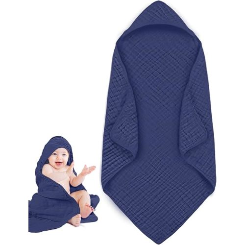 Baby Bath Hooded Towel Navy Blue for Newborns 32x32Inch- 100% Muslin Cotton Bath Towels