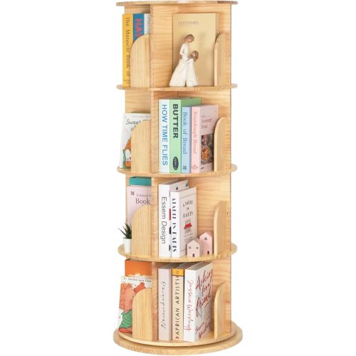 OOOK Rotating Bookshelf for Kids & Adults, 4-Tier 360° Spinning Solid Wood Book Organizer, Space-Saving Floor Standing Bookcase for Study Room, Bedroom, Living Room, Office