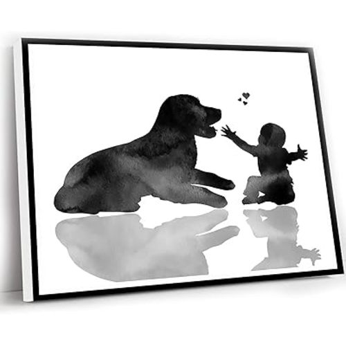 YYCART Nursery Decor Wall Art, Baby And Golden Retriever, Watercolor, Framed, 16x12 Inch, Modern, Contemporary, Themed, Dog, Indoor, Living Room, Bedroom, Kitchen, Bathroom, Home Office
