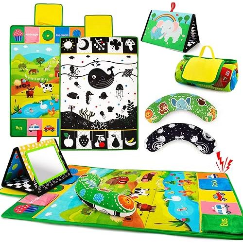 Tummy Time Mirror & Play Mat & Pillow 3-in-1, High Contrast Black and White Baby Toys, Activity Mat for Early Education, Newborn Infant Tummy Time Toy Set for 0 3 6 12 Month Crinkle/Squeake